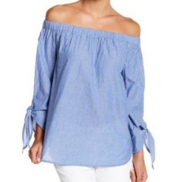 beachlunchlounge  Paige Blue Stripe Tie Bell Sleeve Off The Shoulder Top S - Picture 3 of 8